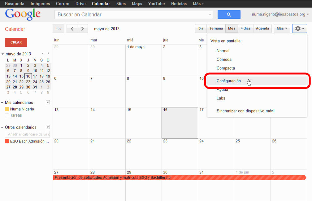 Calendar. Cancelar suscripción a calendario