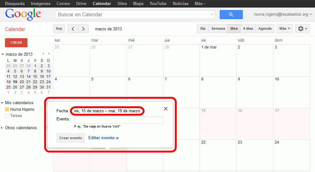 Calendar. Añadir nuevo evento