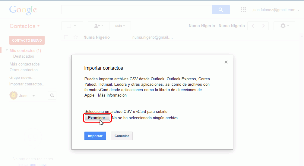 Gmail. Importar contactos