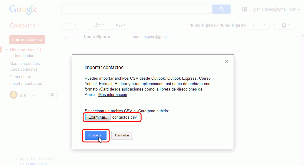 Gmail. Importar contactos