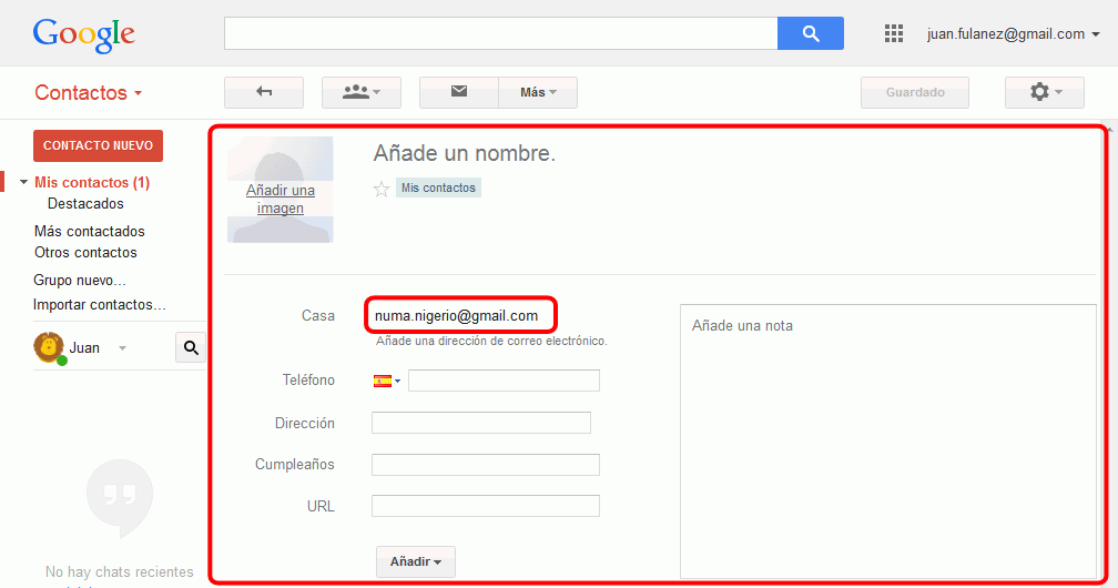 Gmail. Añadir nuevo contacto