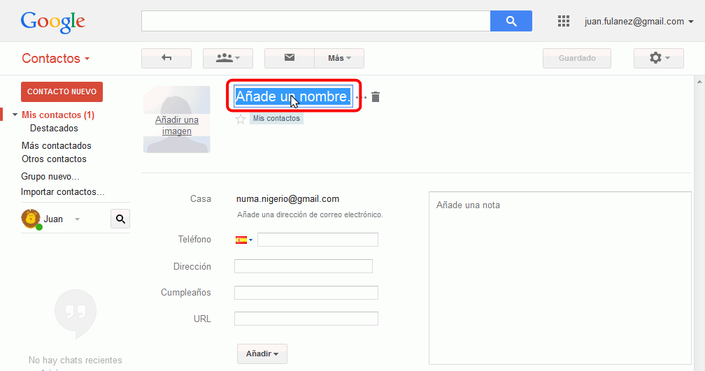 Gmail. Añadir nuevo contacto