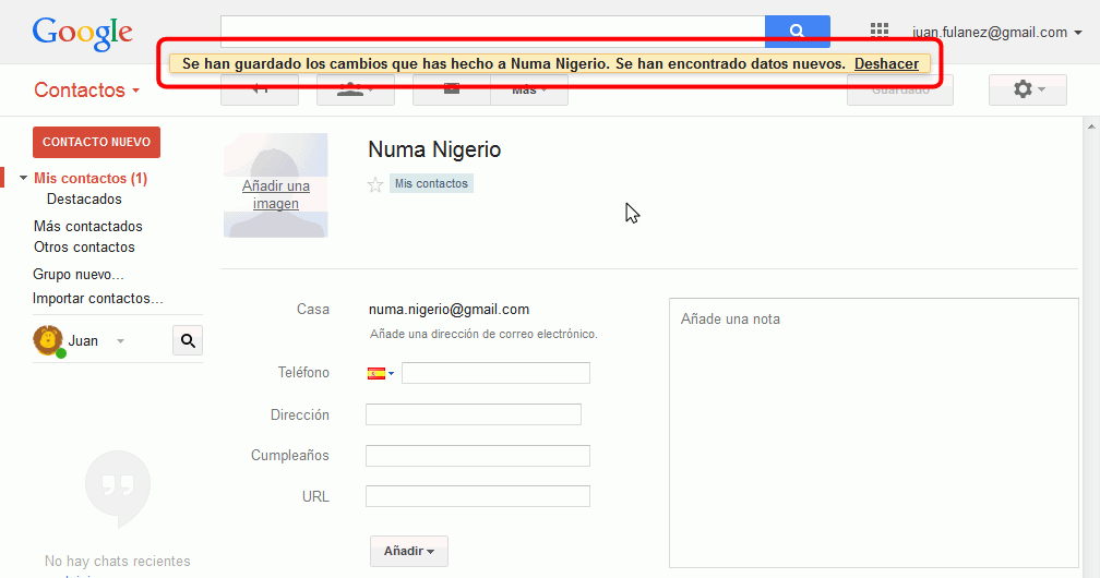 Gmail. Añadir nuevo contacto