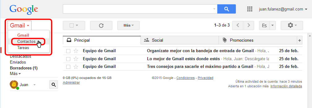 Gmail. Abrir página de contactos