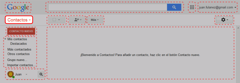 Gmail. Interfaz de la pantalla de contactos