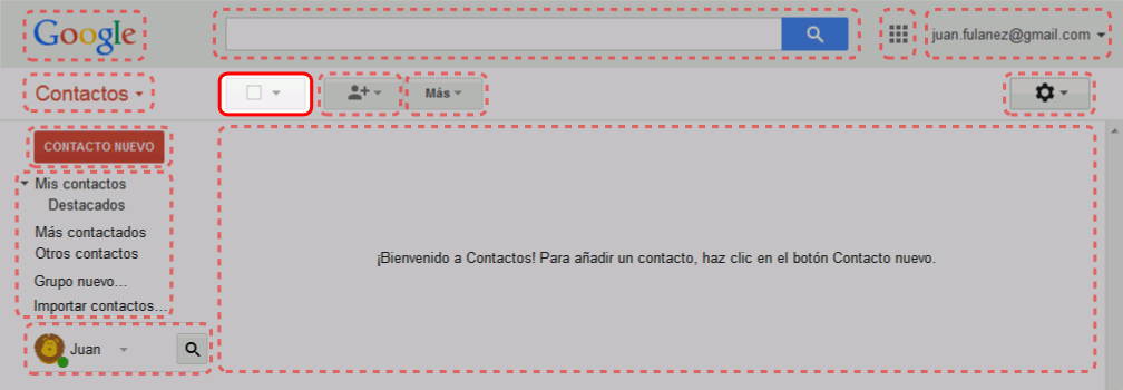 Gmail. Interfaz de la pantalla de contactos
