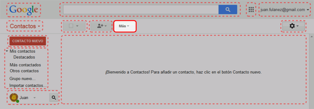 Gmail. Interfaz de la pantalla de contactos