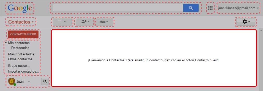 Gmail. Interfaz de la pantalla de contactos