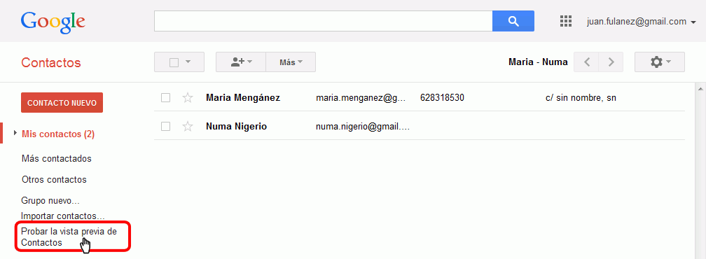 Gmail. Nueva interfaz de contactos
