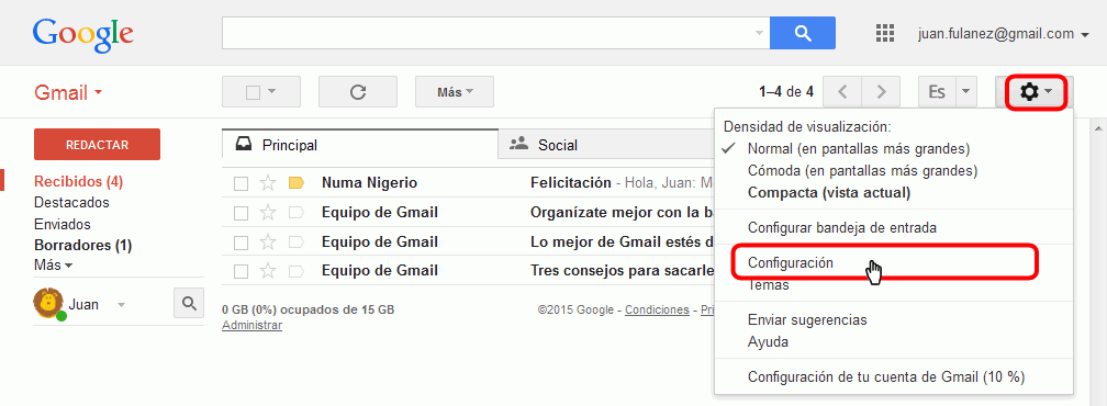 Gmail. Tipo de bandeja de entrada