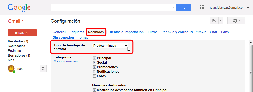 Gmail. Tipo de bandeja de entrada