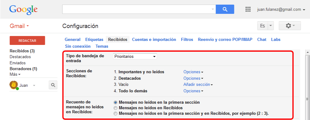 Gmail. Tipo de bandeja de entrada