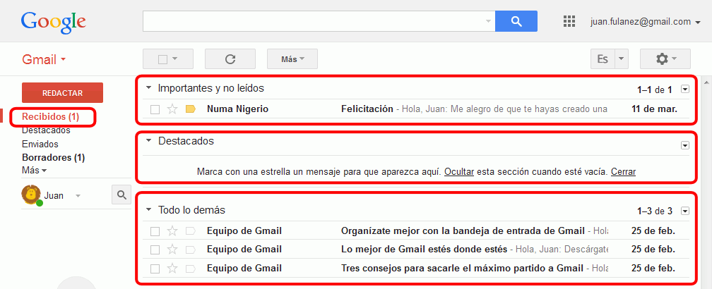 Gmail. Tipo de bandeja de entrada