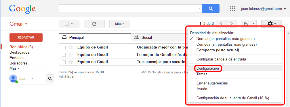 Gmail. Configuración > Configuración