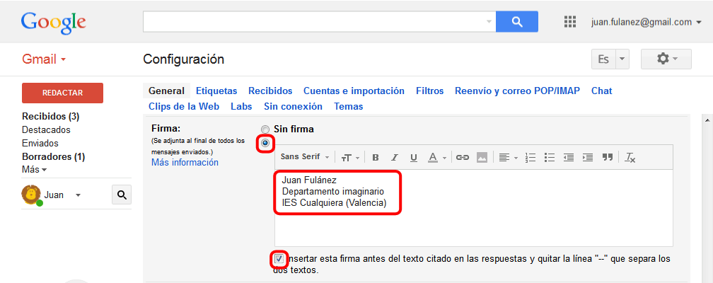 Gmail. Configuración > Configuración > General > Firma