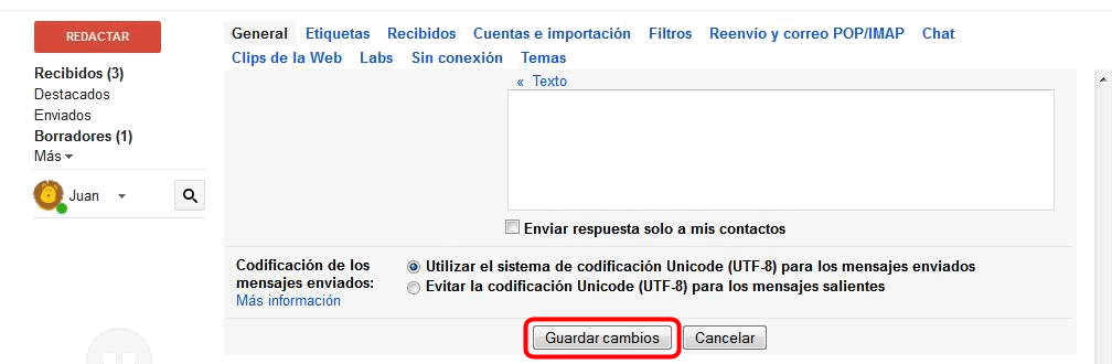 Gmail. Guardar configuración 