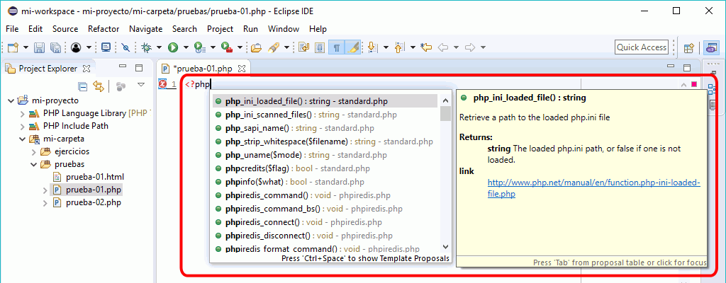 Eclipse PHP - Asistente de código PHP