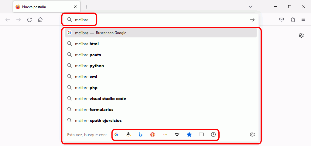 Firefox. Configuración. Ajustes > Buscar > Buscadores con un clic
