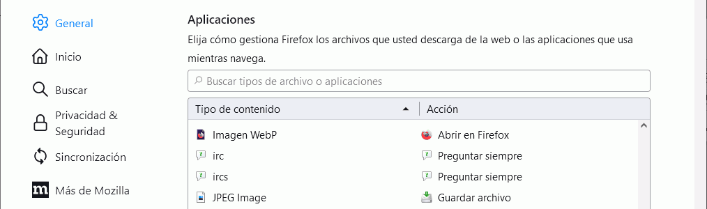 Firefox. Configuración. Ajustes > General > Aplicaciones