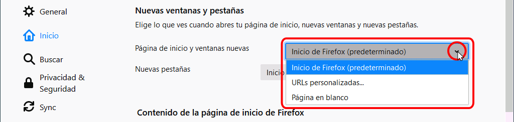 Firefox. Configuración. Ajustes > Inicio > Nuevas ventanas