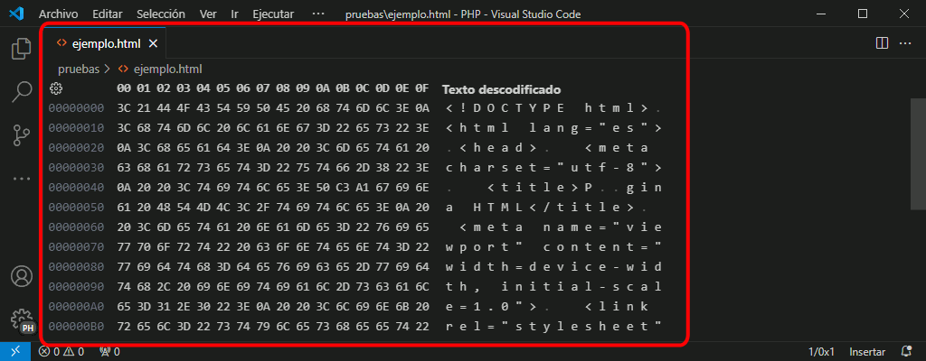 VSC. Editor hexadecimal