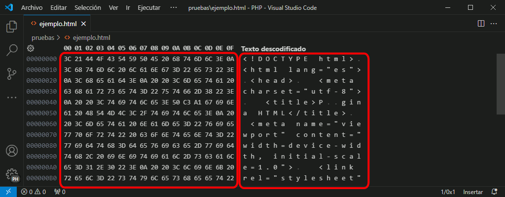 VSC. Editor hexadecimal