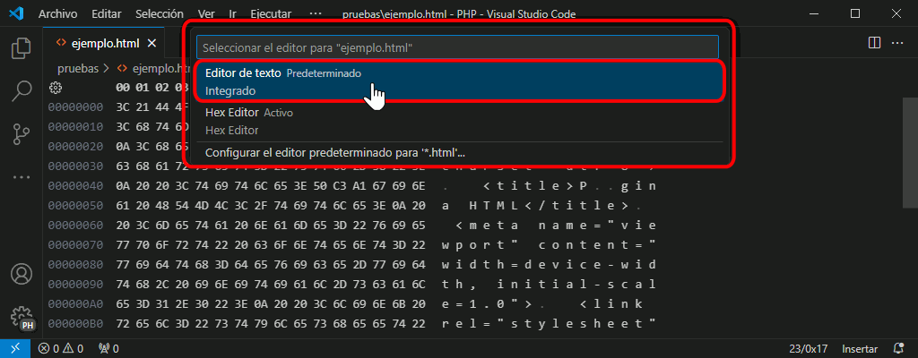 VSC. Editor hexadecimal