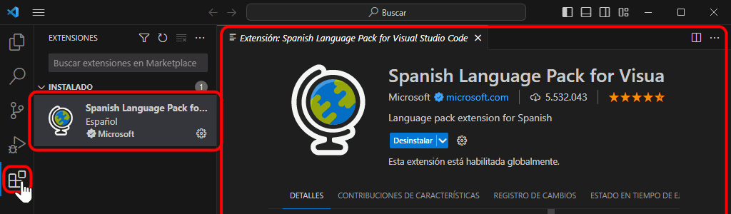 VSC. Paquete de idioma español instalado