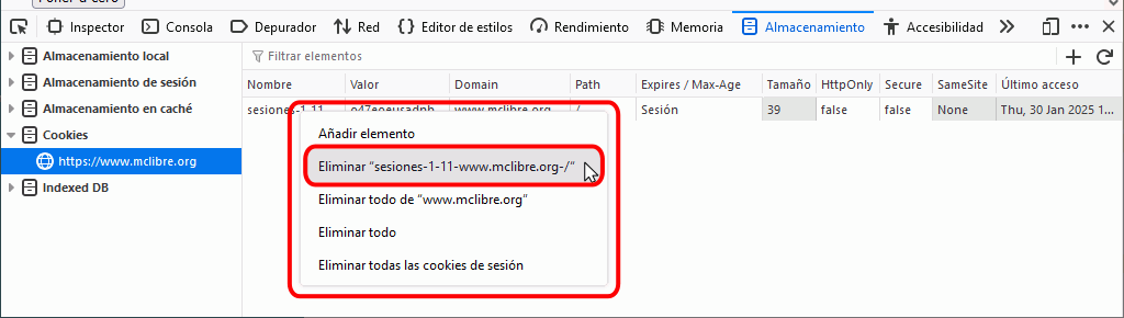 Borrar cookie en Firefox