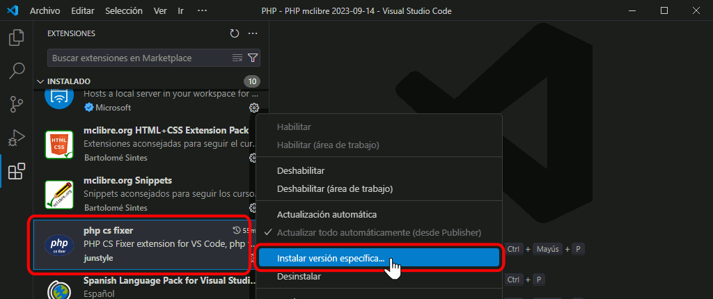 VSC. Problema en extensión PHP CS Fixer