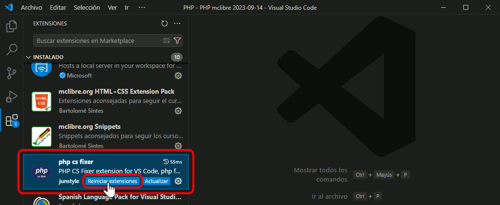 VSC. Problema en extensión PHP CS Fixer