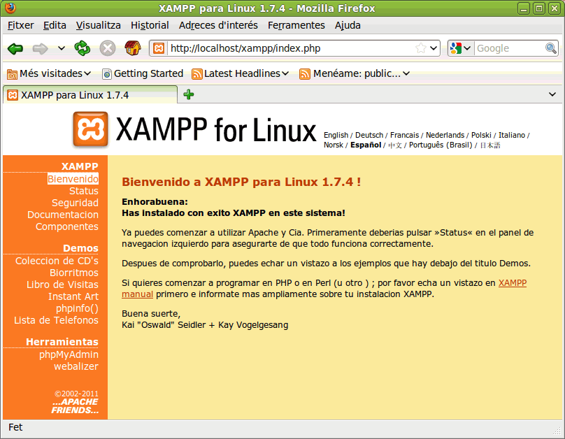 Página inicial de XAMPP