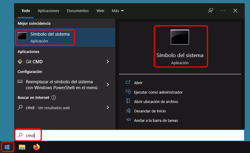 Abrir una ventana de terminal CMD en Windows 10