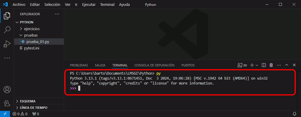 Entorno interactivo en Terminal de VSCode