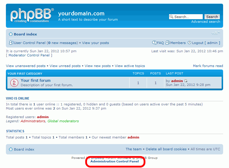 phpBB. Aspecto del foro recién instalado para usuarios no registrados