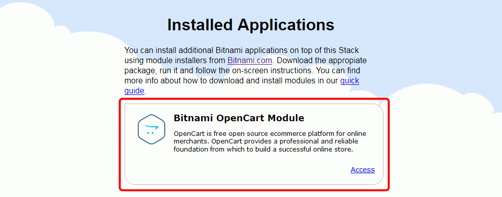 OpenCart en la lista de aplicaciones de la máquina virtual