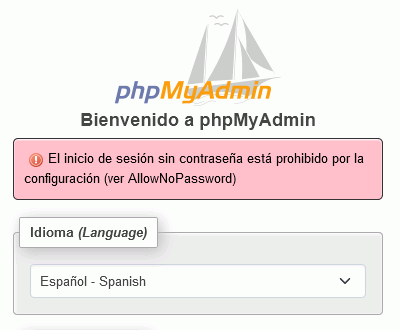phpMyAdmin. Página de inicio. Error de usuario sin contraseña